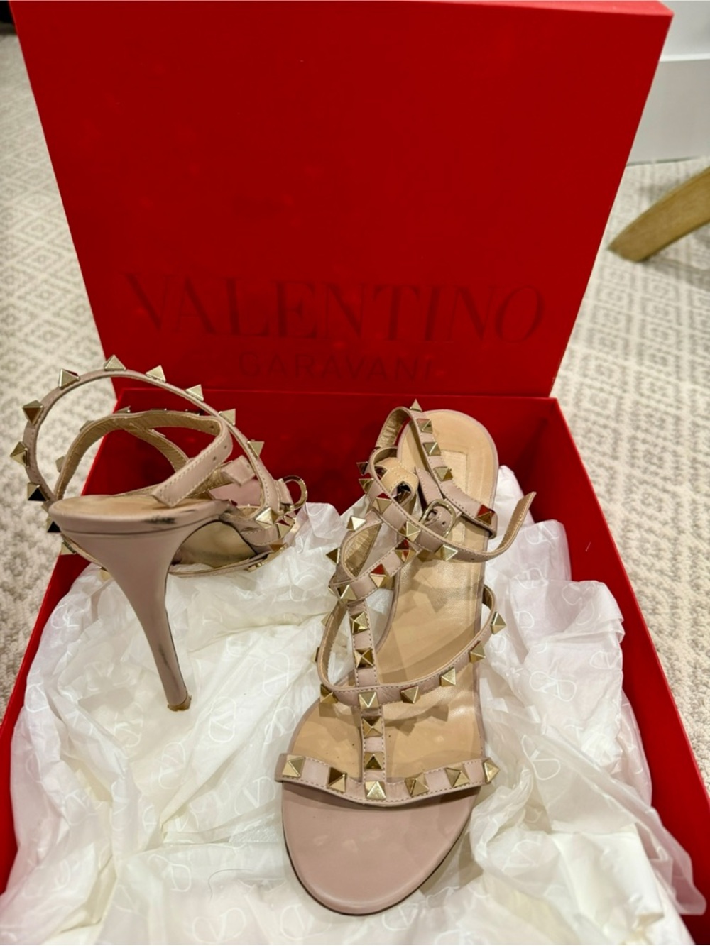 Valentino Garavani Nude Pink Rockstud Leather Strappy Heels
